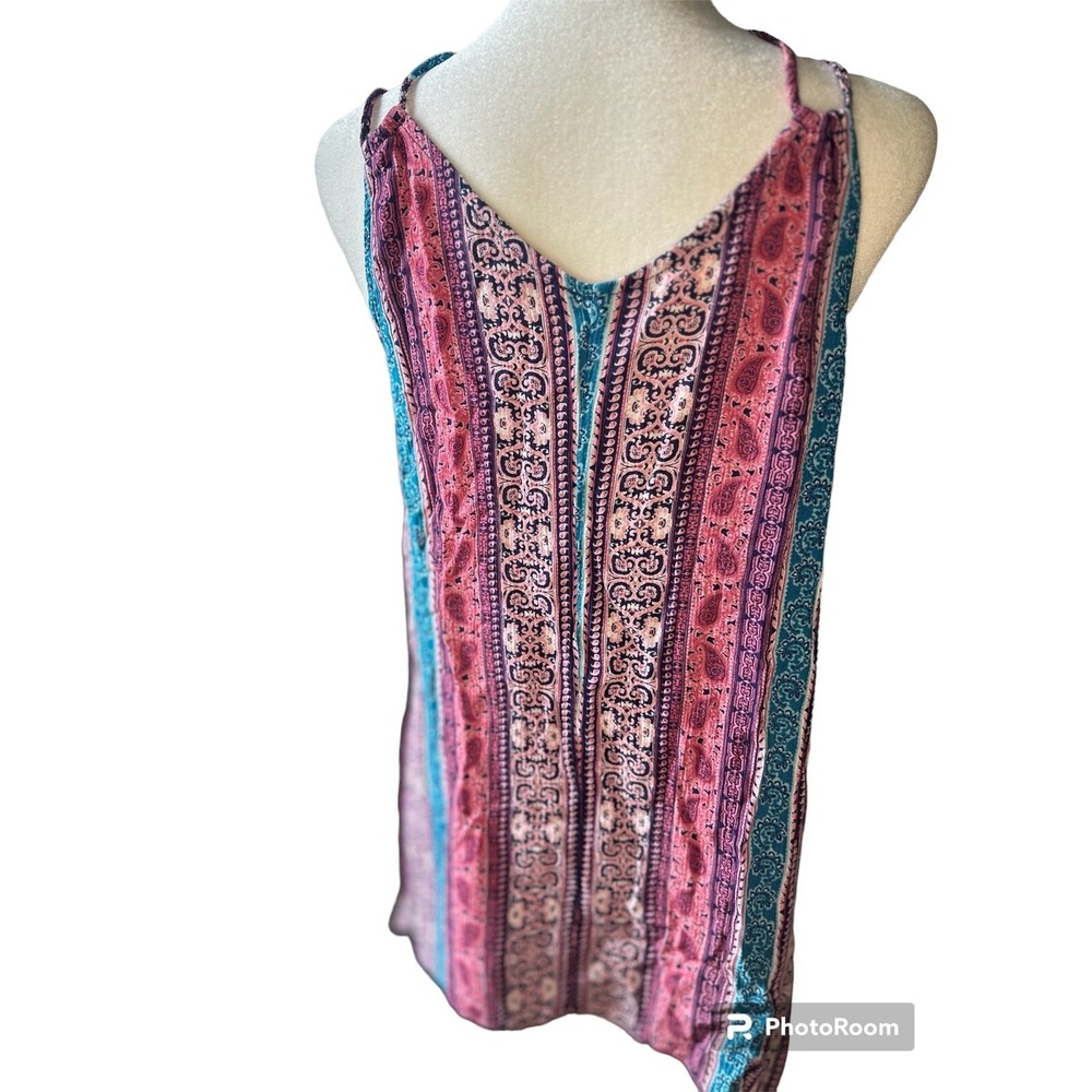 Pink Rose Women's Boho Paisley Stripe Handkerchief Hem Tank Top L coquette - Picture 4 of 8